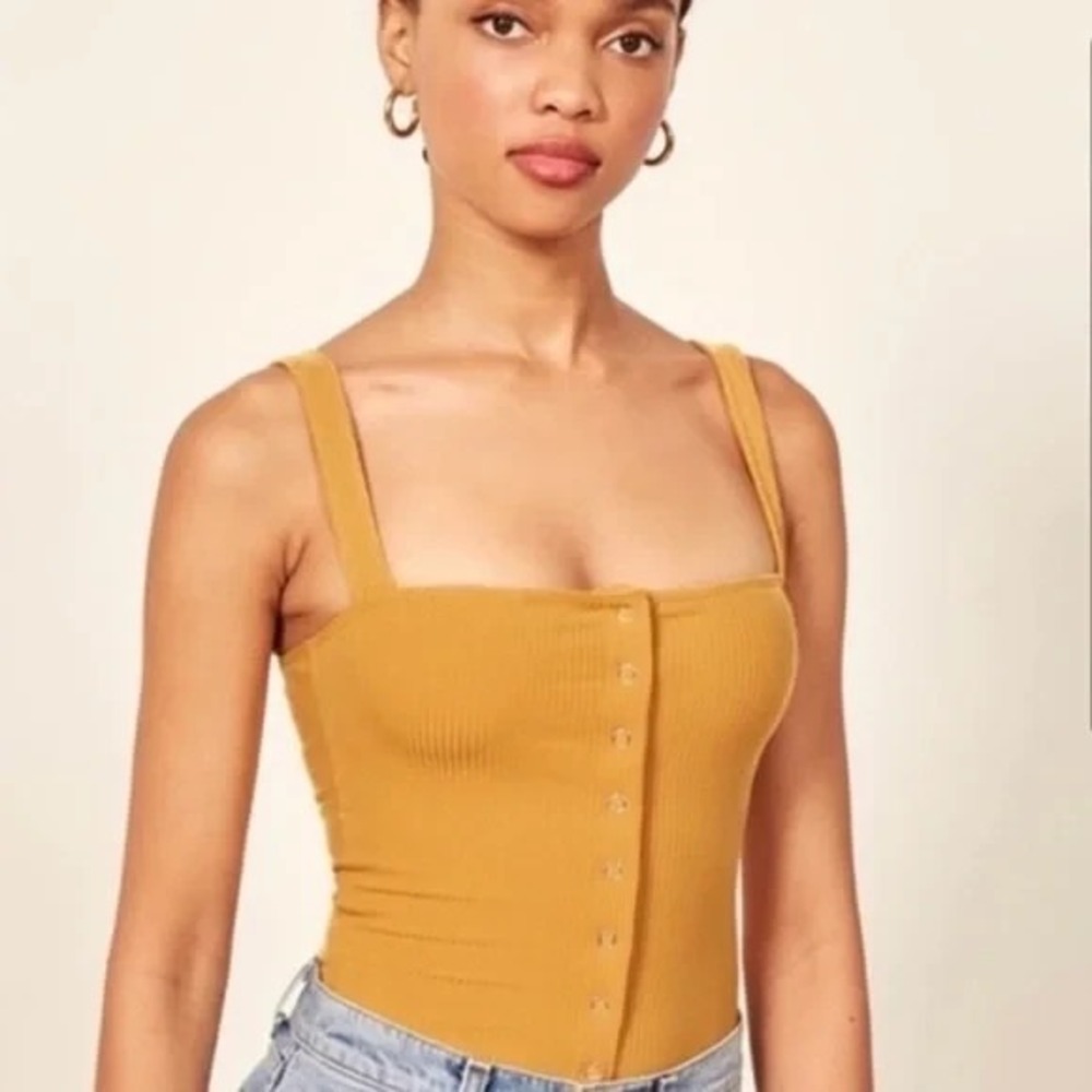 Reformation Nicole Ribbed Tank Top‎ Marigold Sz Large Snap Front Square Neck